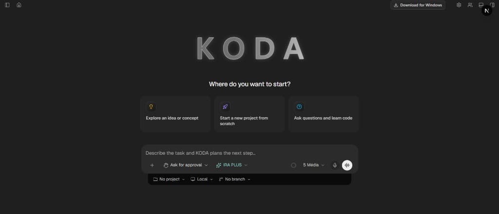 Tela inicial do workspace KODA: opções de início e composer do agente.